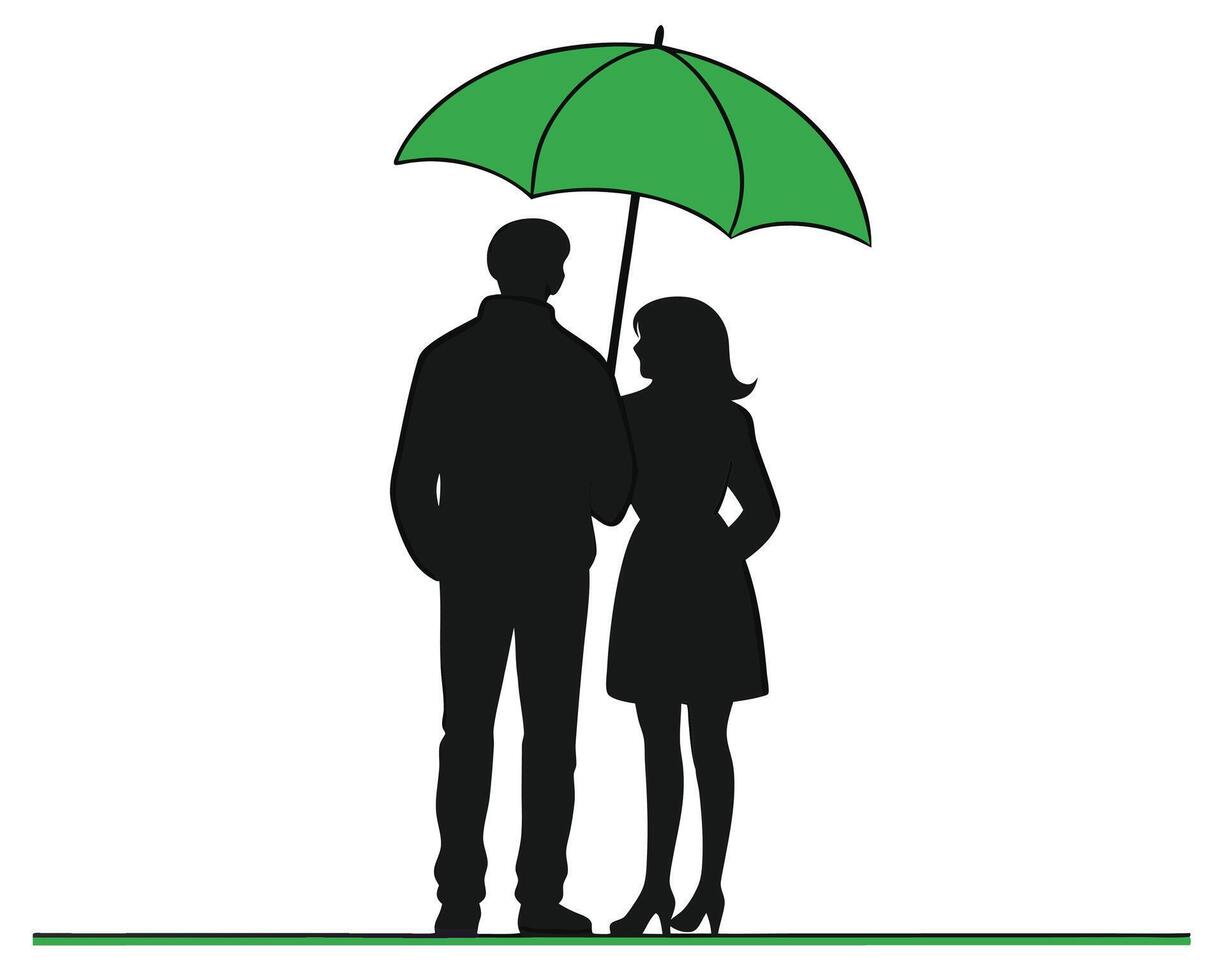 Silhouette of a romantic couple standing together beneath a green umbrella on a white background vector