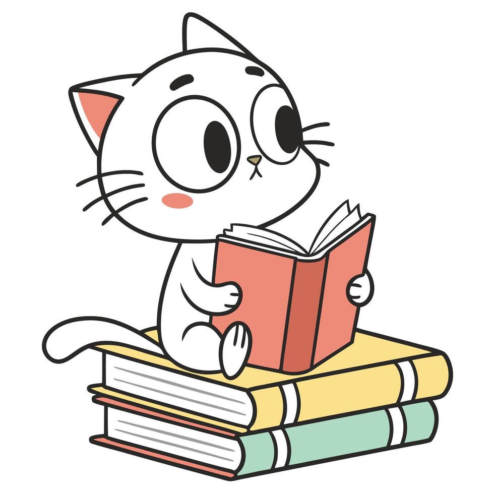 Cute white cat reading a book sitting on stacked books illustration vector