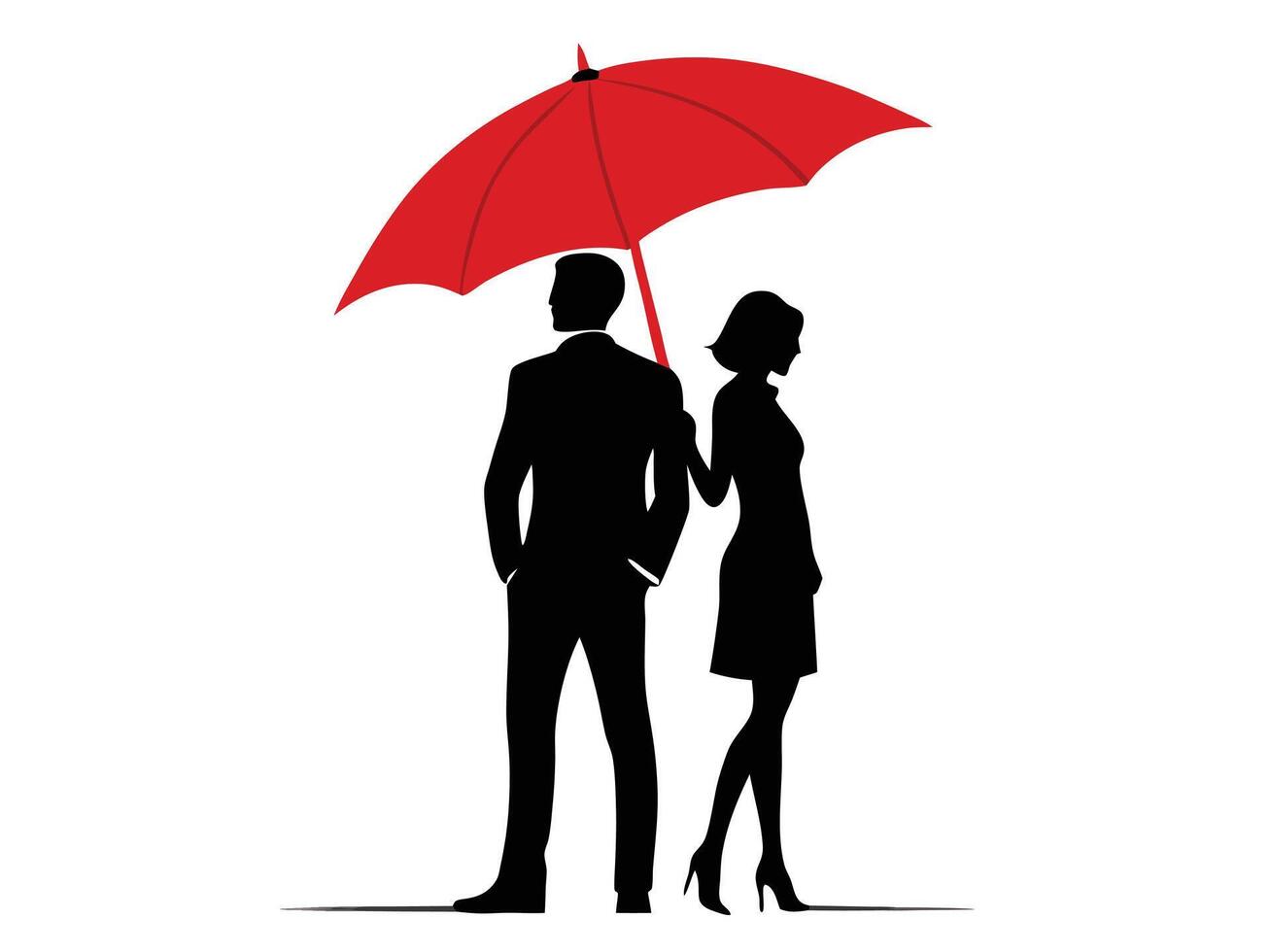 Silhouette illustration of a man and woman under a red umbrella symbolizing protection and care. vector
