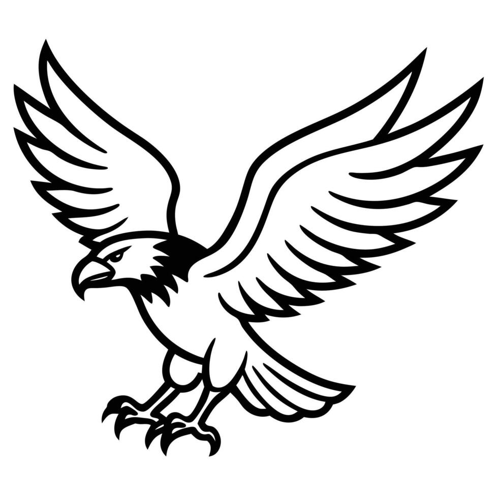 Eagle outlined illustration with spread wings ready to pounce in black and white vector