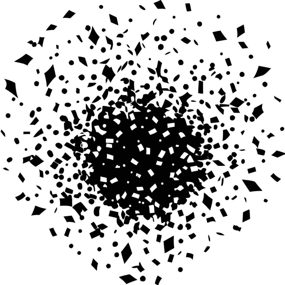 Black explosion burst of confetti and geometric shapes on a white backdrop vector
