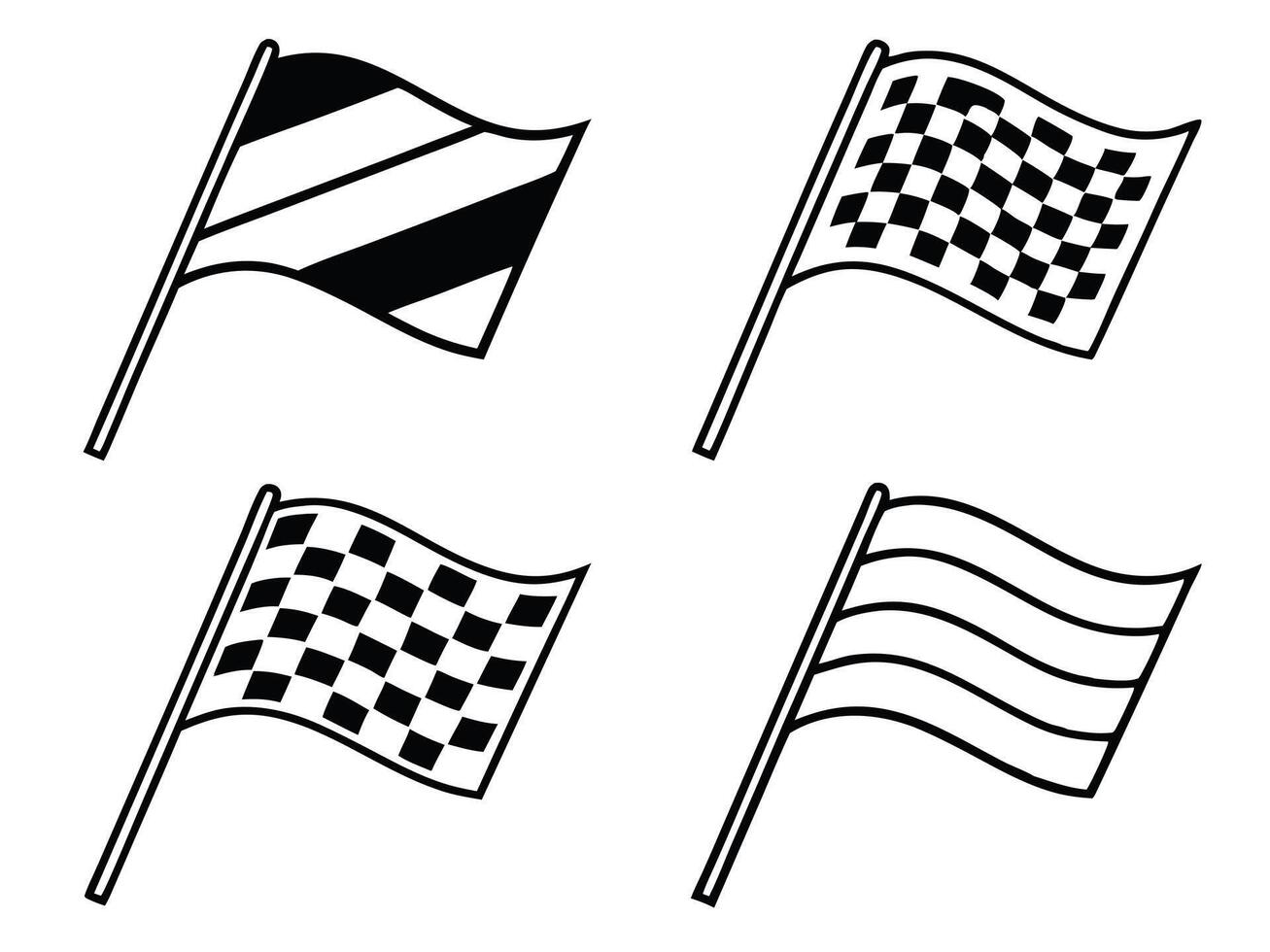 Set of four racing flags in black and white outlines for speed and competition concepts vector