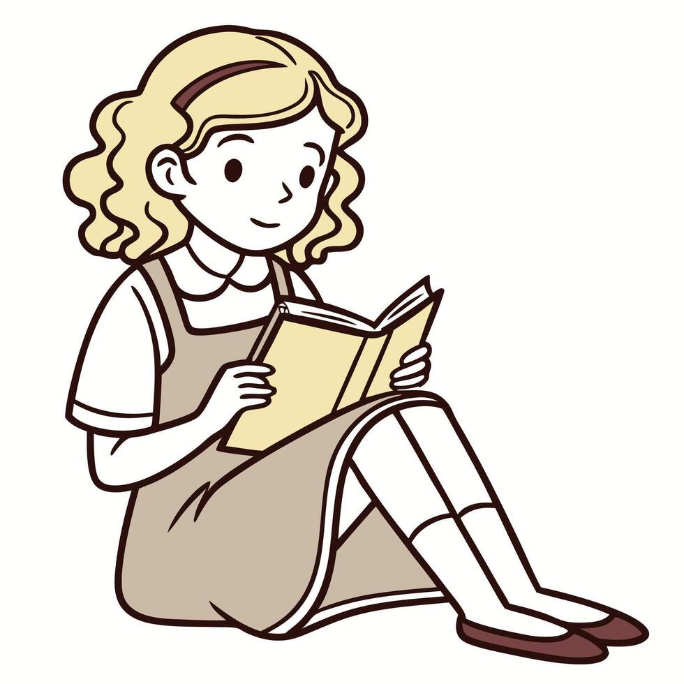Girl with blond hair reading a book sitting down comfortably isolated vector