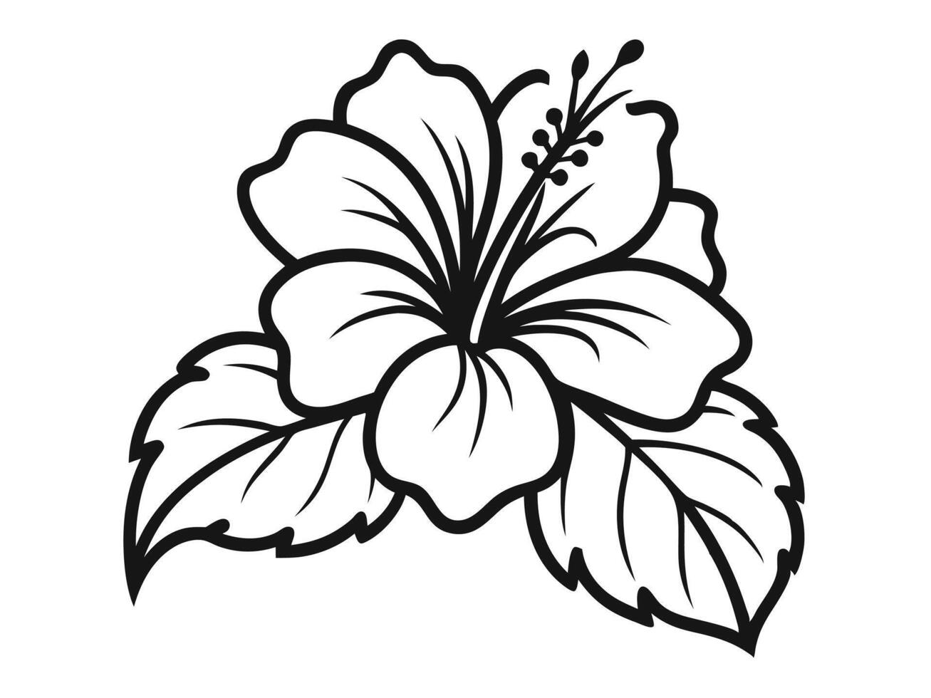 illustration of a beautiful hibiscus flower with detailed petals and surrounding leaves in black outline vector