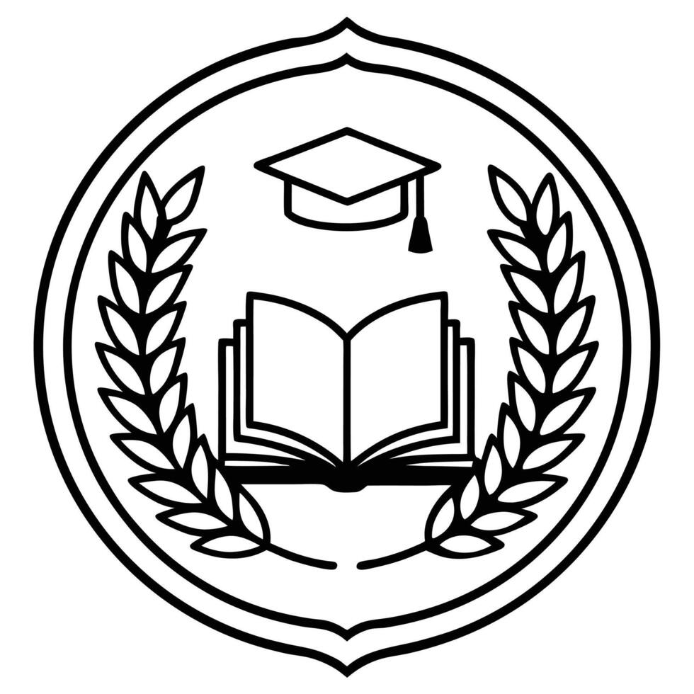 Academic emblem featuring open book graduation cap and laurel wreaths for education achievements vector