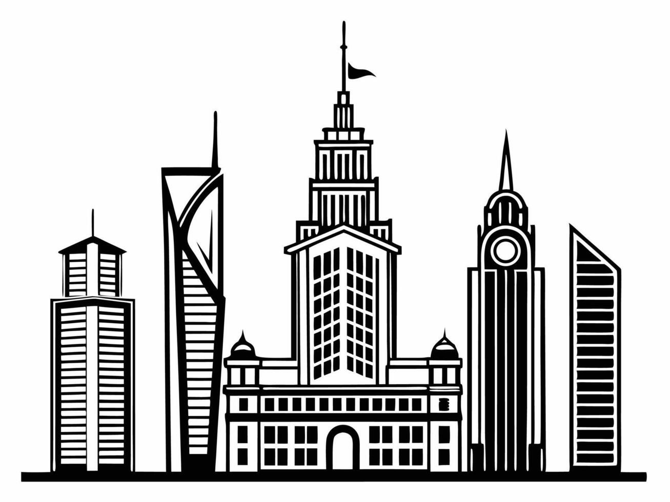 Black and white city skyline silhouette graphic modern urban architecture illustration vector