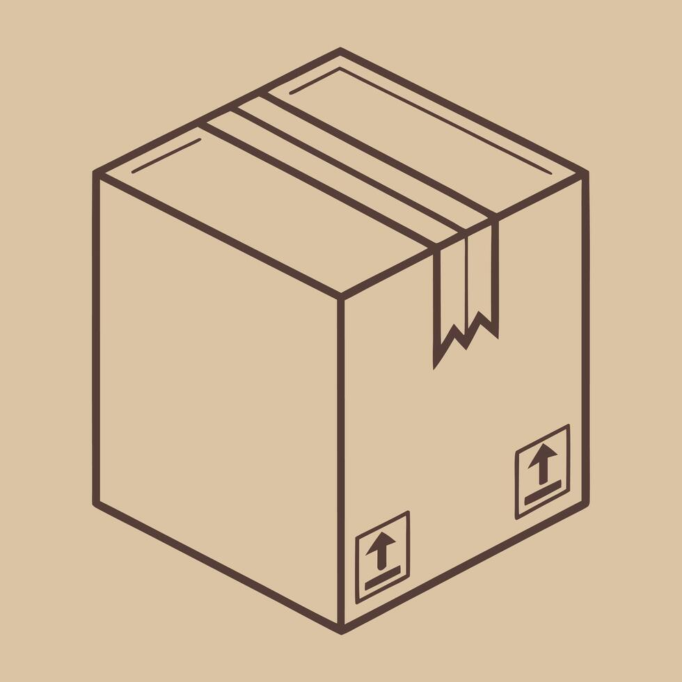Minimalist brown cardboard box with tape and arrows for shipping and packaging design vector
