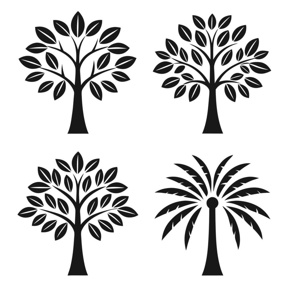 Collection of stylized black tree icons isolated on white background vector