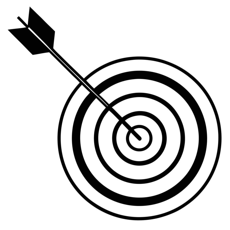 Arrow hitting target bullseye icon for goal achievement and precision black and white vector