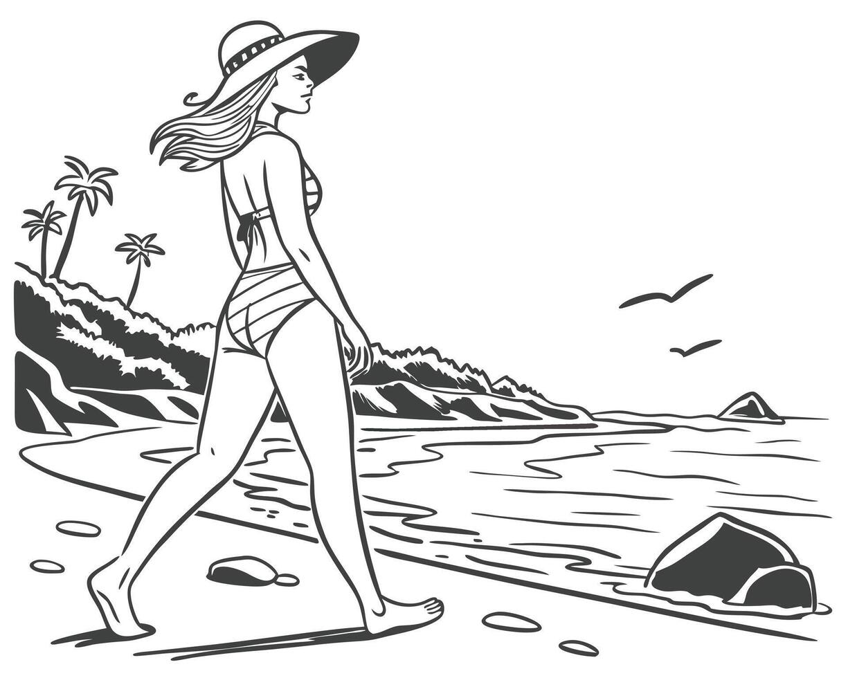 Elegant woman in a hat and bikini walks on a beach seaside illustration with ocean waves vector