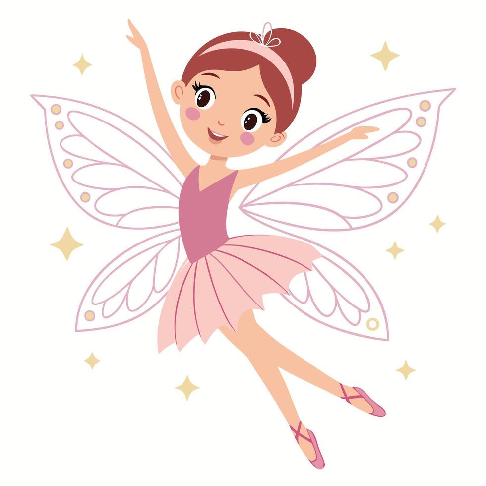 Cute cartoon fairy ballerina dancing with wings and stars on white background vector