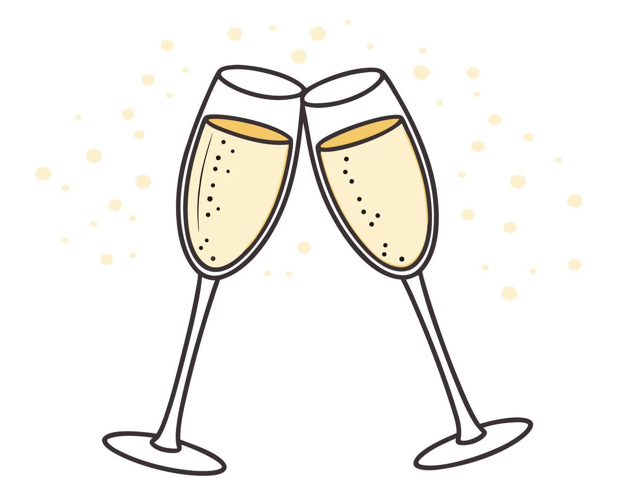 Two champagne flutes clinking together celebration illustration against white background with bubbles vector