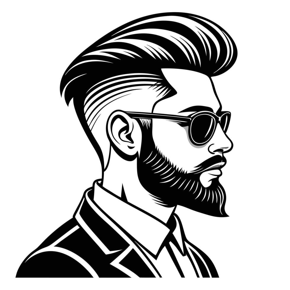 Stylish man portrait with beard sunglasses and pompadour hairstyle art illustration vector