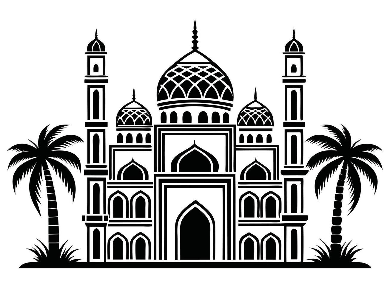 illustration of a black and white mosque with palm trees silhouette vector