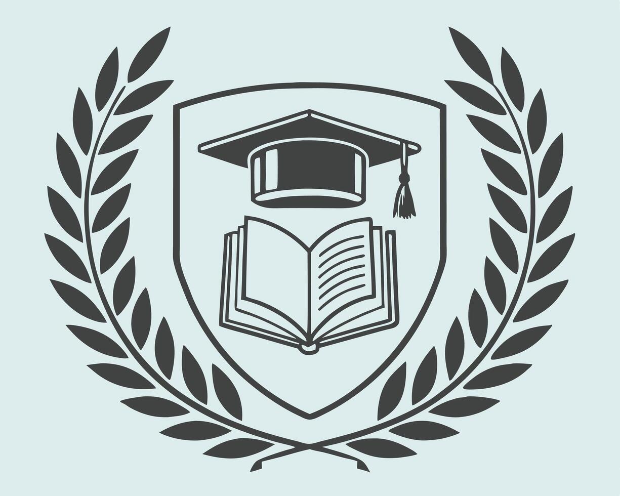Elegant emblem symbolizing education with graduation cap and open book surrounded by laurel wreath. vector