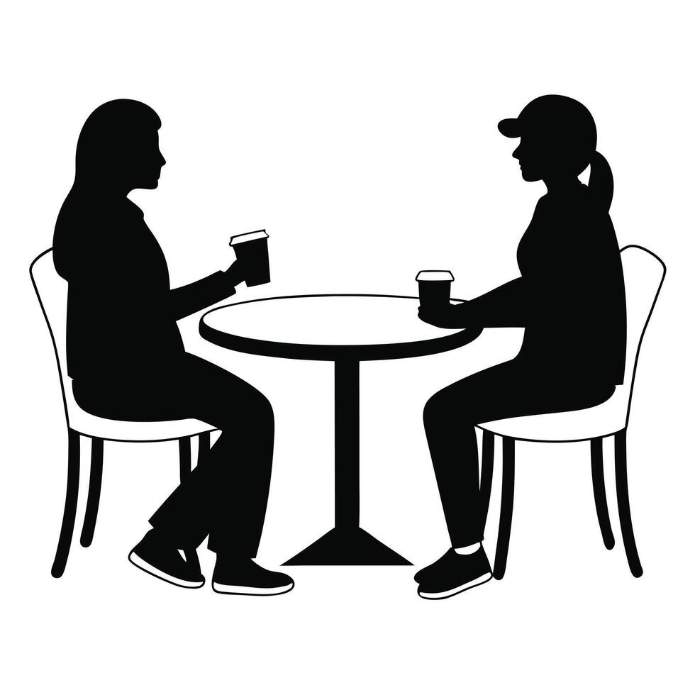 People having coffee silhouettes illustration two women sitting at table with cups vector