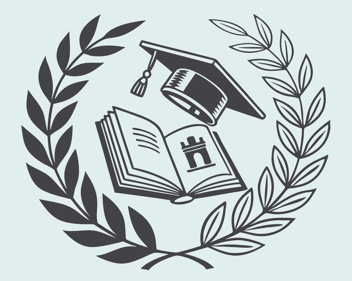Educational design representing graduation and knowledge with an open book and laurel wreath on blue background vector
