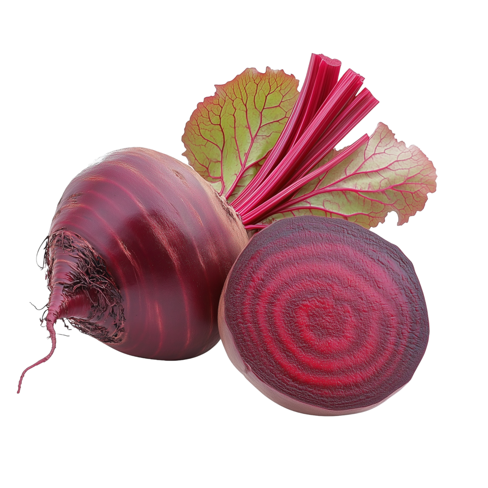 Beetroot fresh red beet with leaves and a half isolated on transparent background png