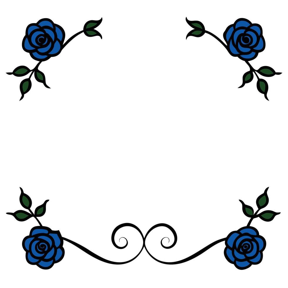 Blue roses floral frame design with swirls and leaves isolated on white vector