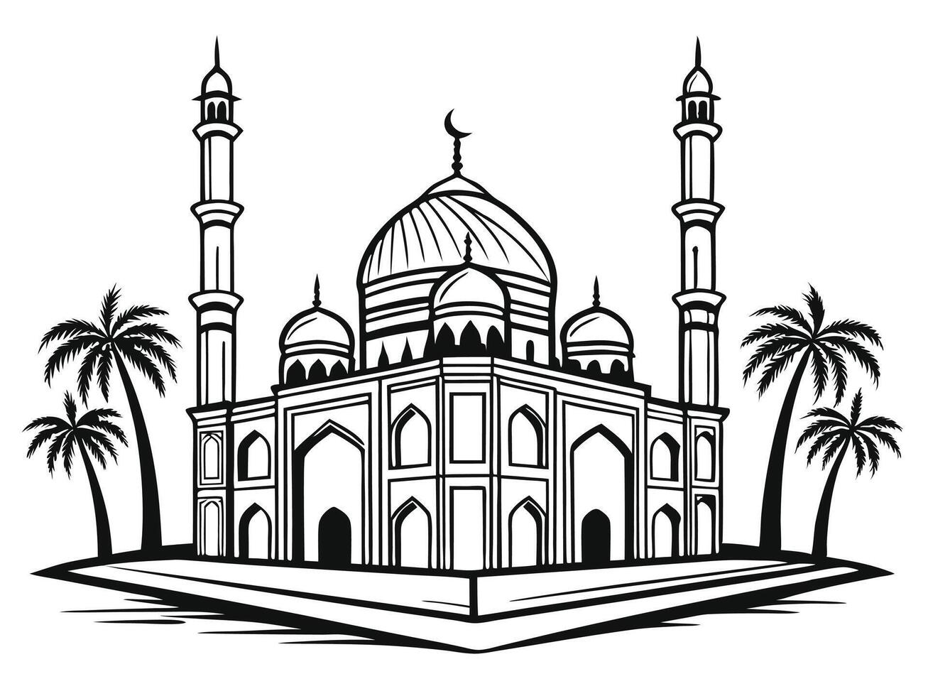 Black and white mosque illustration with palm trees on tropical island vector