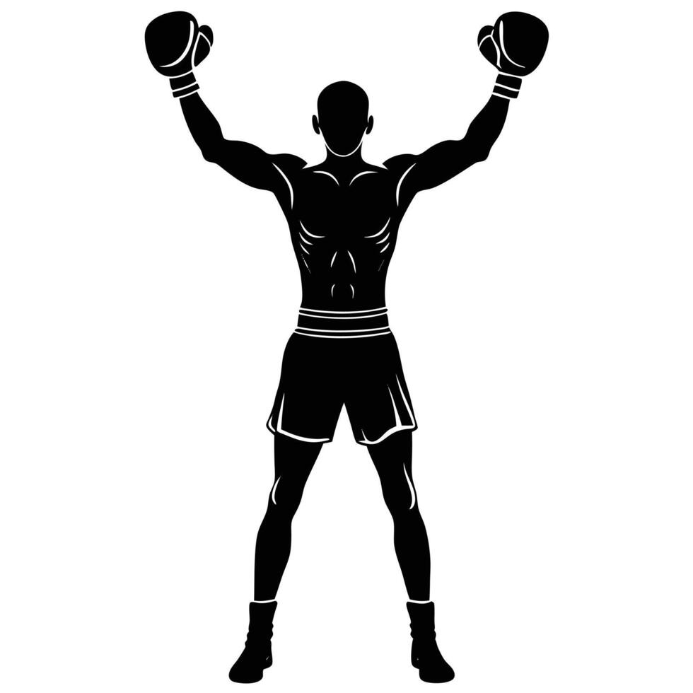 Boxer silhouette with raised gloves symbolizing victory in sports competition vector