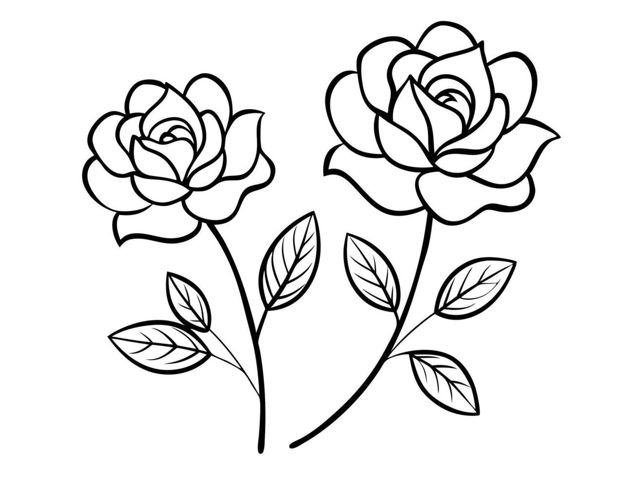 Two elegant black and white outline illustrations of beautiful blooming roses with leafy stems. vector