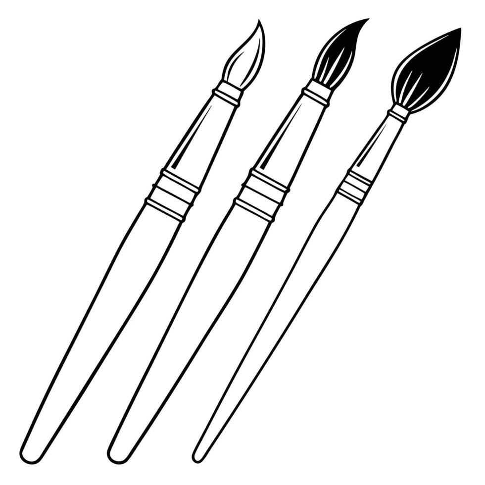 Three paintbrushes with different brush heads in black and white line art vector