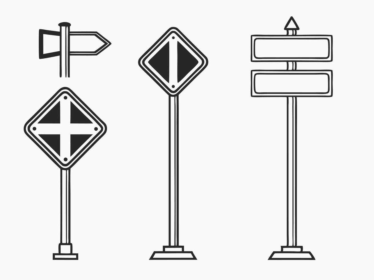 Four simple black and white signposts displaying different road safety and directional indicators vector