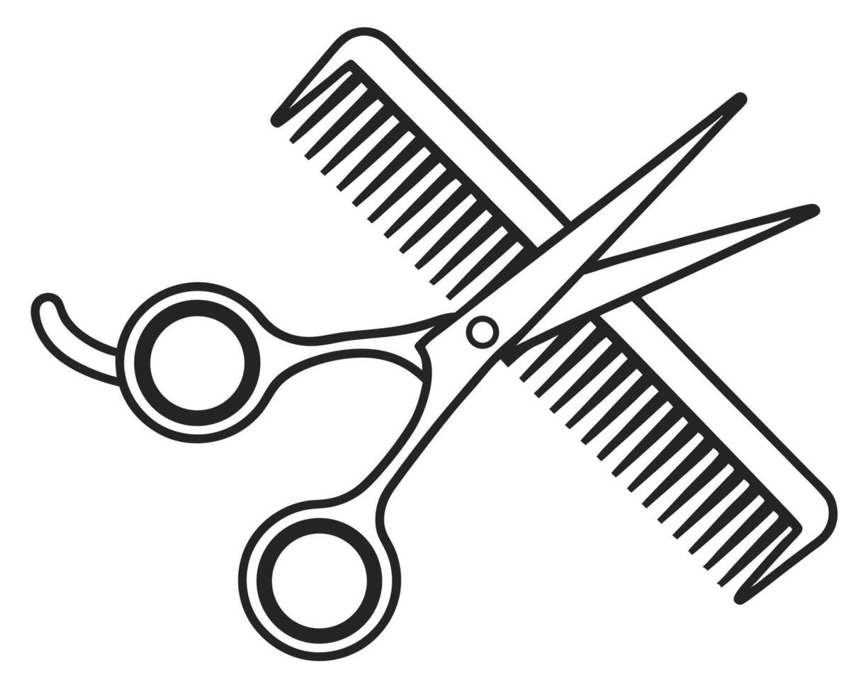 Simple and stylish black and white illustration of scissors and a comb for hair salons. vector