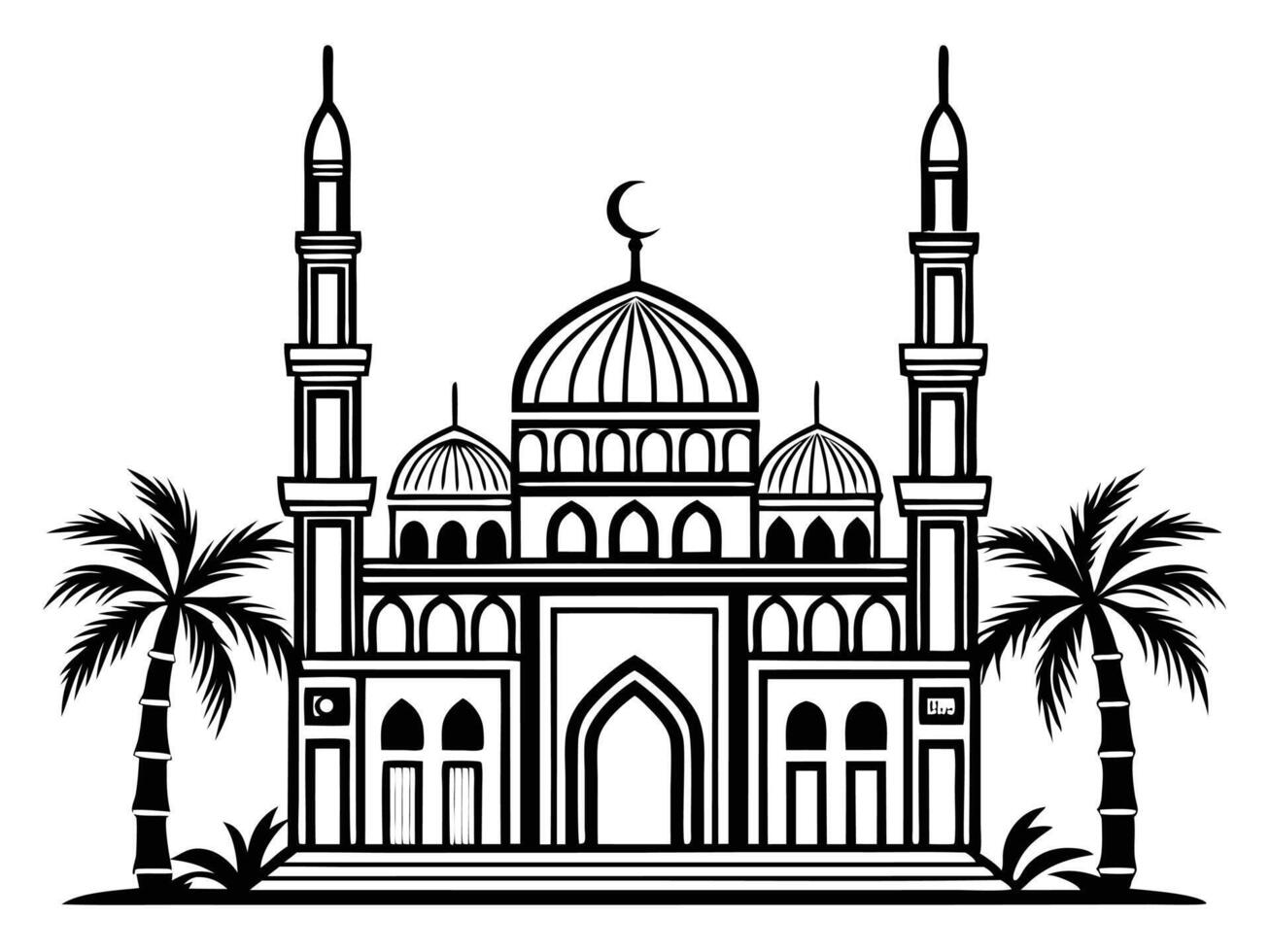 Elegant black and white mosque illustration with crescent moon and palm trees silhouette vector