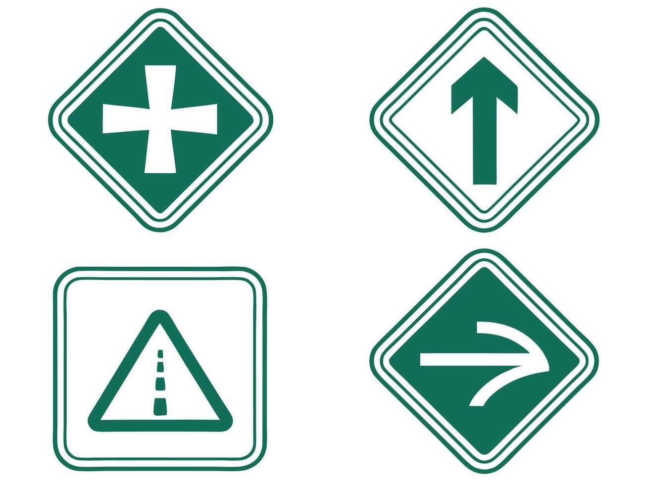 Set of four illustrated green and white road signs for various purposes vector