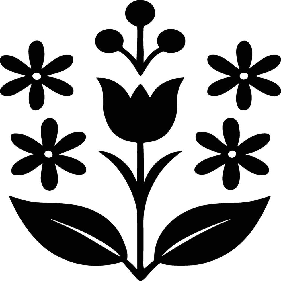 Stylized black floral design featuring tulip and daisy shapes in a balanced symmetrical layout vector