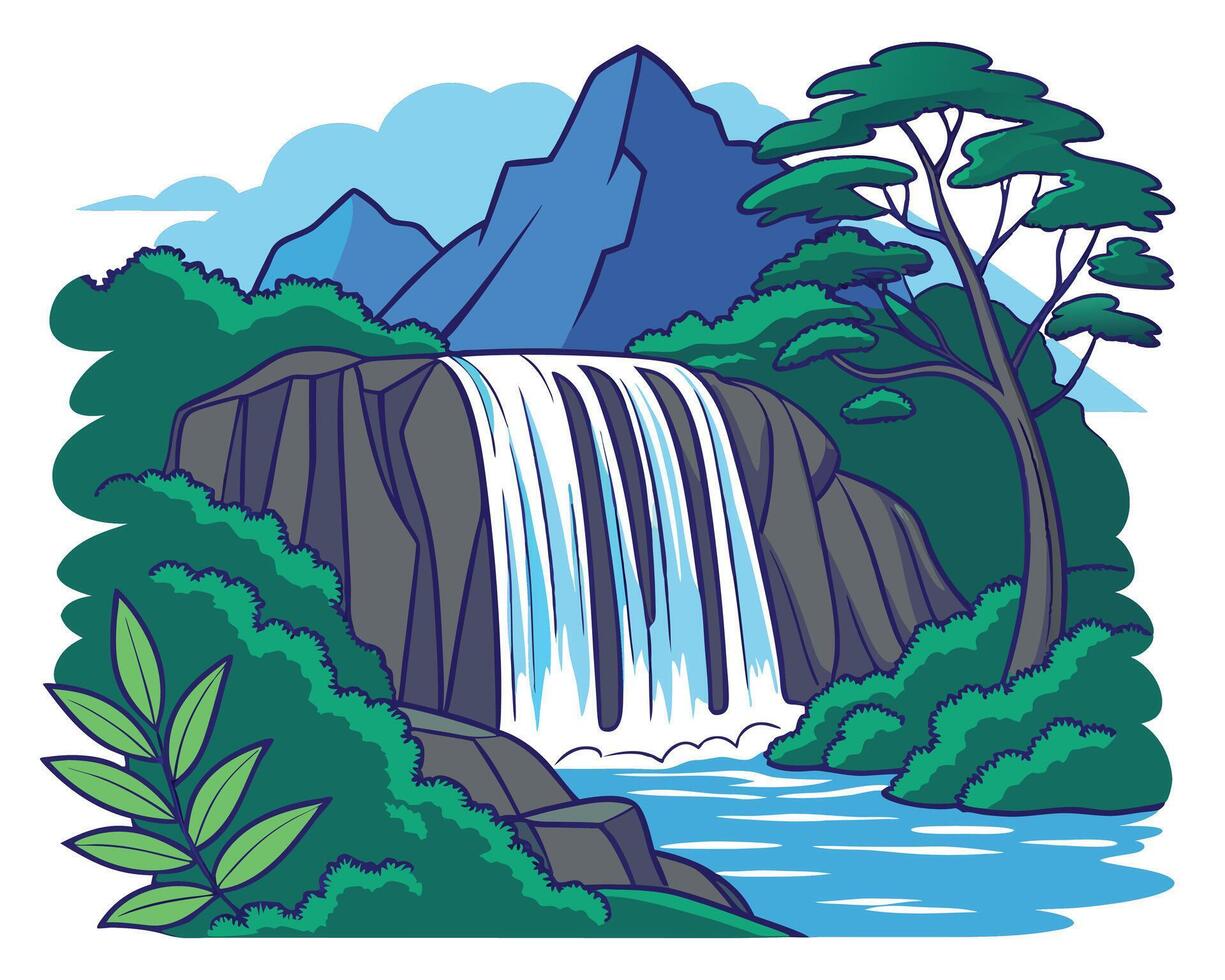 Cartoon illustration of a cascading waterfall with lush surrounding foliage and mountain landscape vector