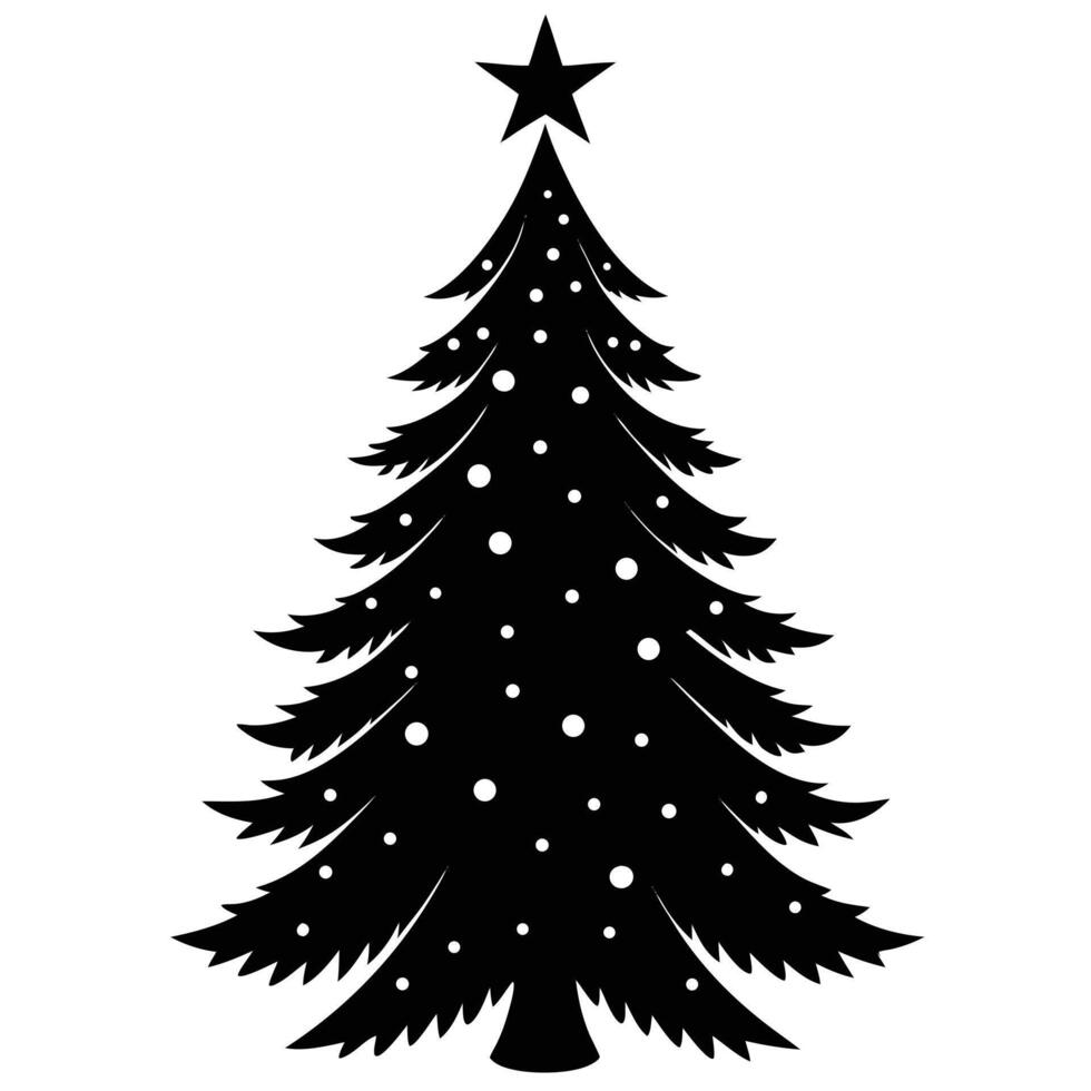 Silhouette christmas tree with star topper and snowflakes ideal for winter holiday designs vector