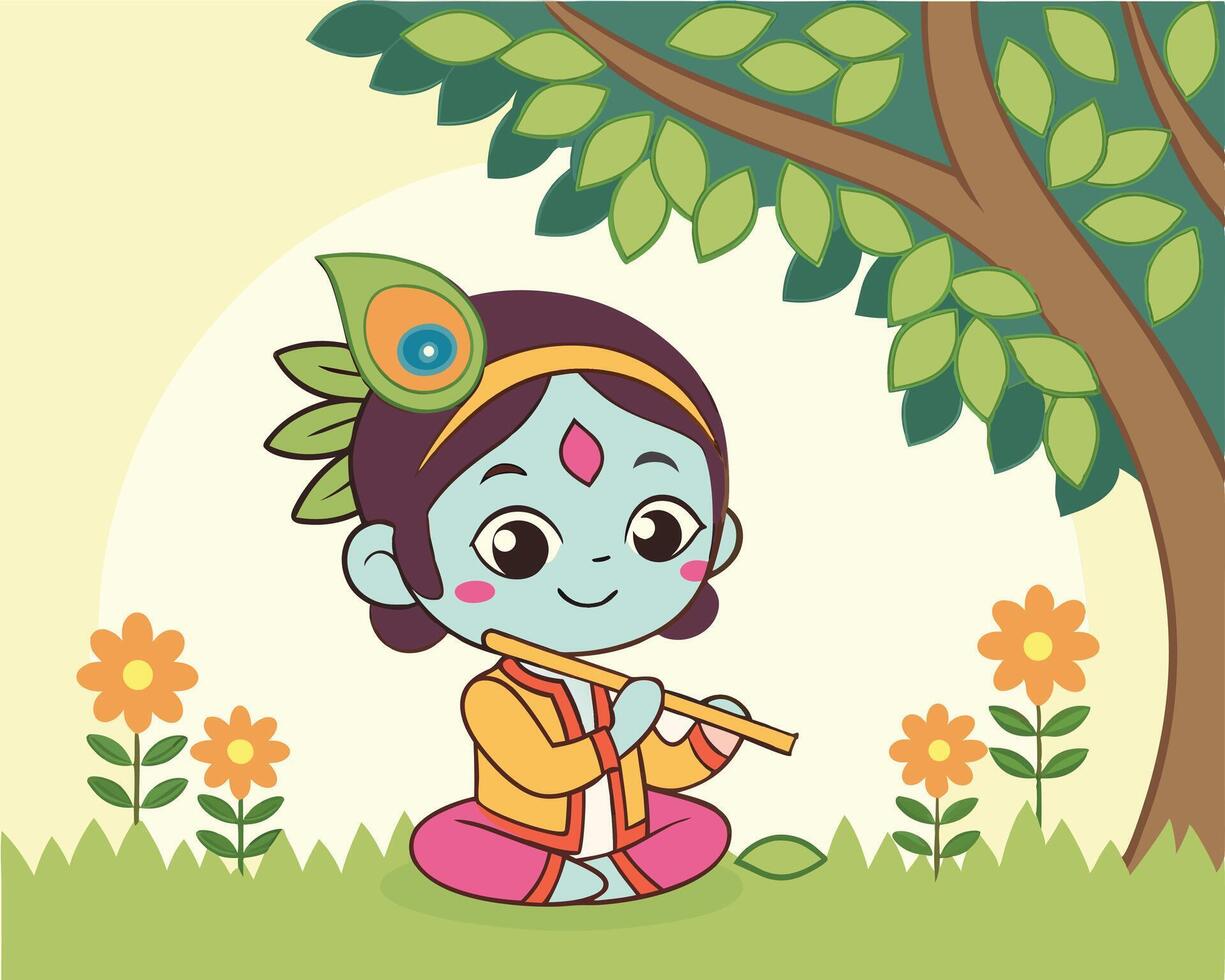 Adorable cartoon illustration of lord krishna playing flute under a lush green tree with flowers vector