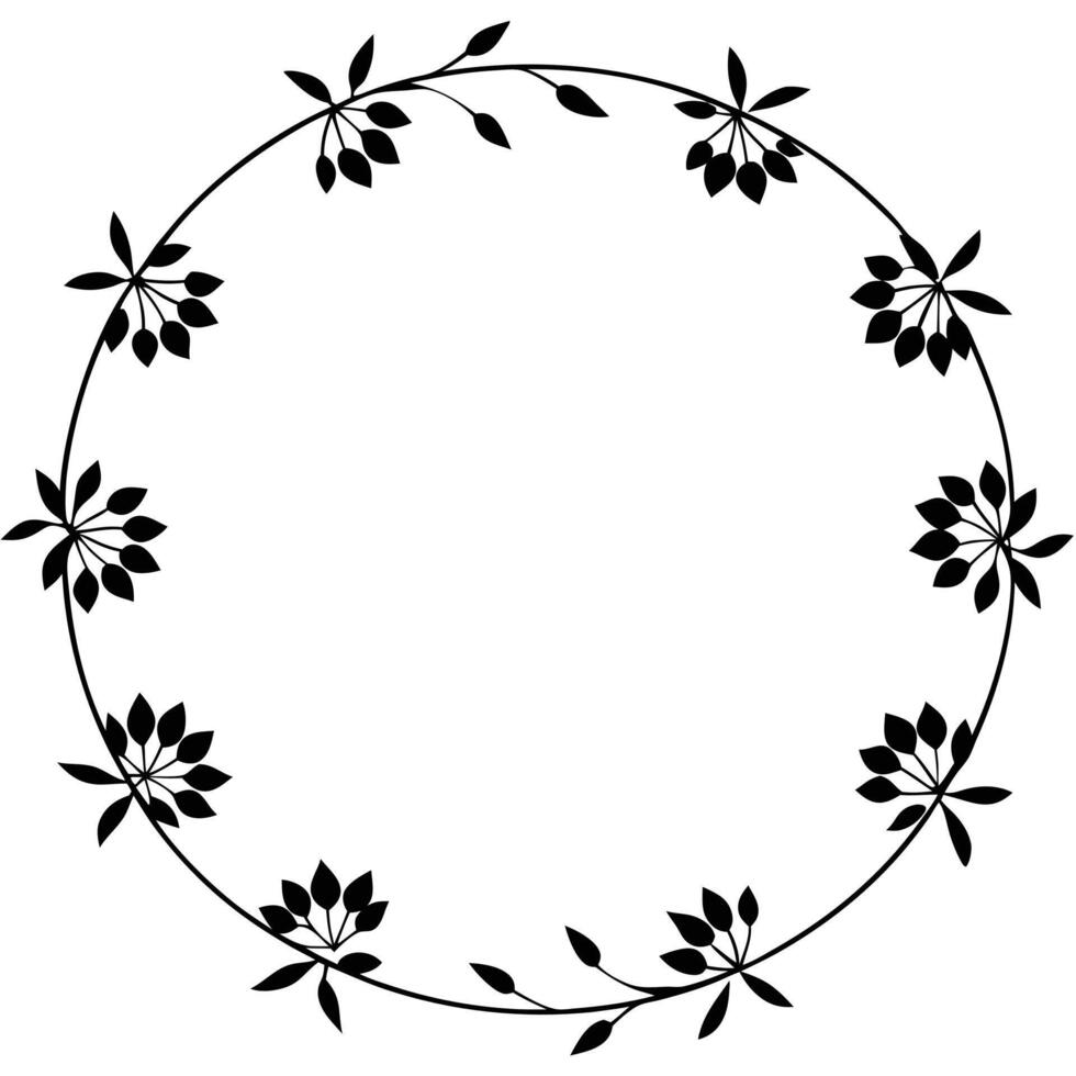 Minimalist floral wreath frame with leaves and berries in black and white silhouette vector