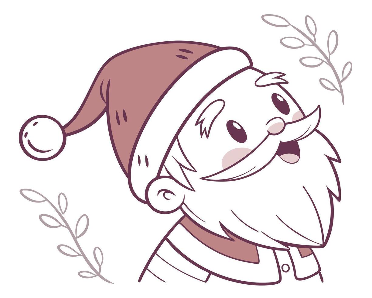 Cheerful cartoon illustration of santa claus looking upwards with festive christmas foliage around vector