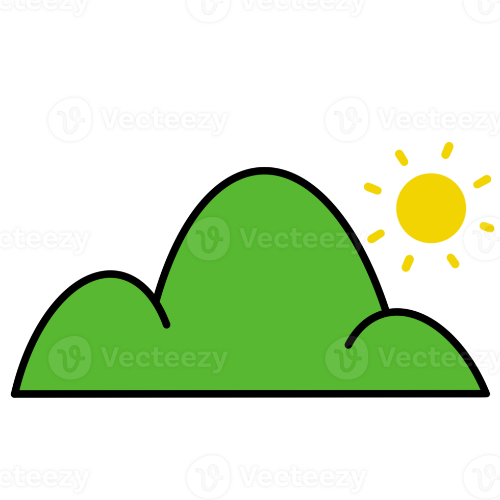 green hill with sun and clouds on transparent background png