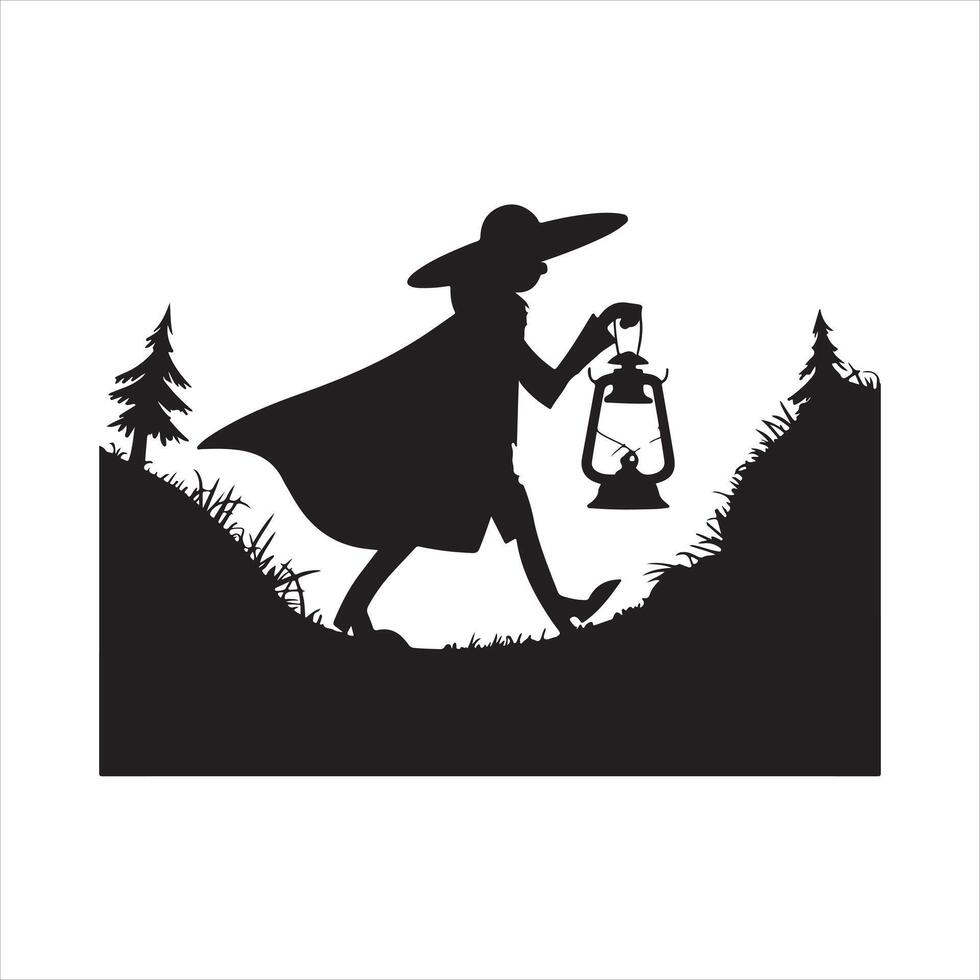 Adventurer Walking with Lantern silhouette black vector