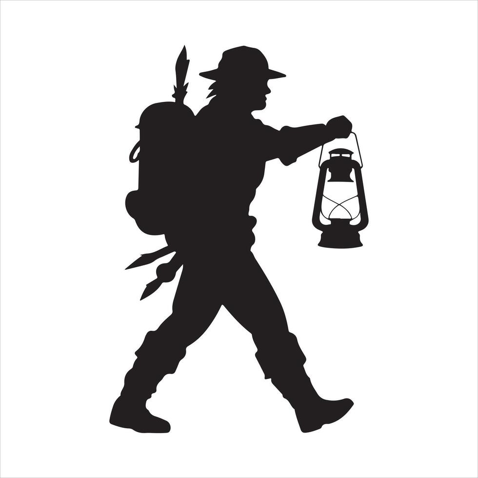 A Adventurer Walking with Lantern black silhouette vector