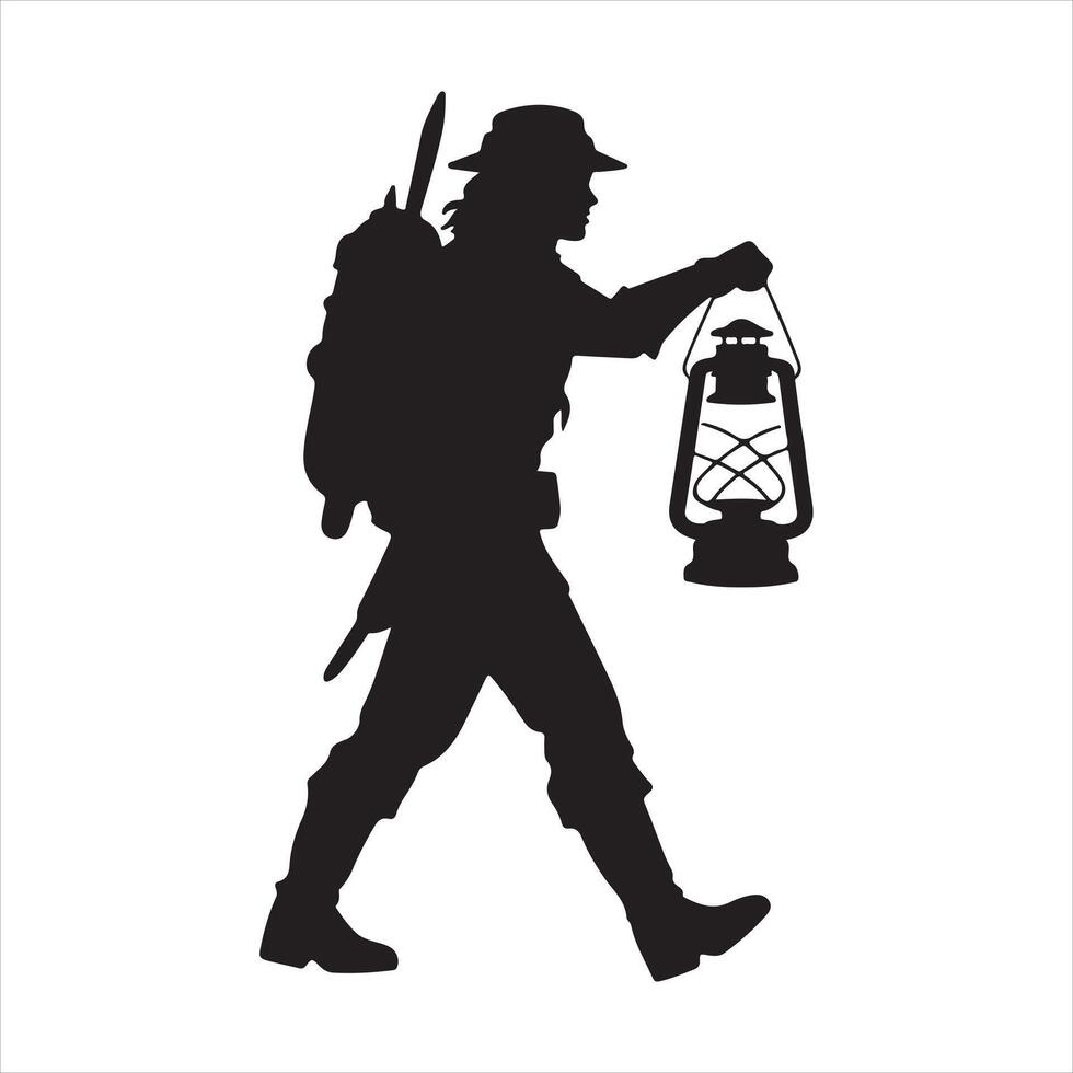 a silhouette of a man with a lantern and hat vector