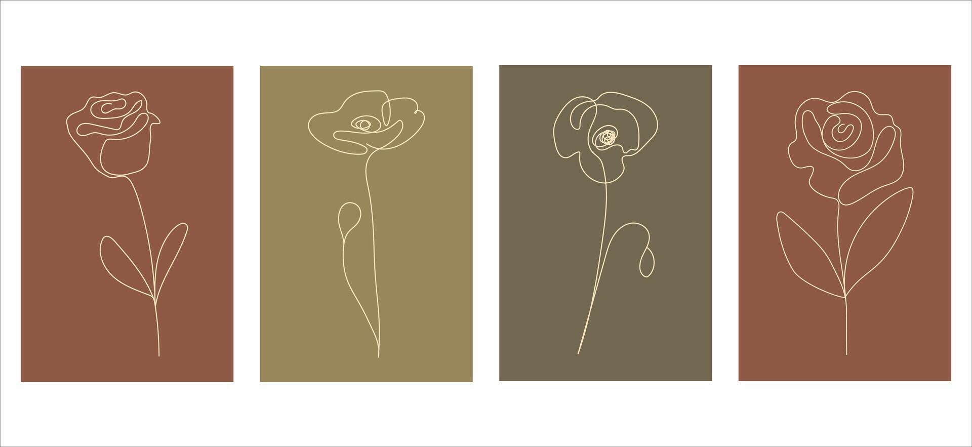 One line drawing flowers. Elegant one line rose and poppies set in modern minimal style. Hand drawn beautiful flowers in one line art style vector