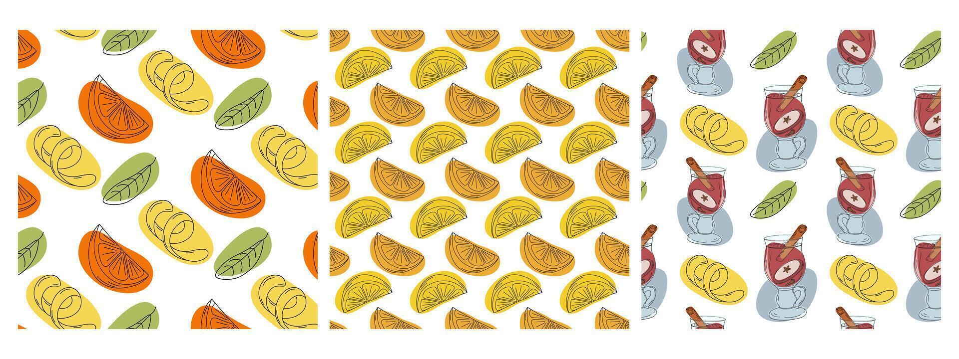 Citrus fruits slices, cinnamon stick, zest and drink in glass mulled wine cap Seamless pattern Set. Isolated illustration Wallpaper Wrapping or web promo banner, leaflet Thematic cards, label vector