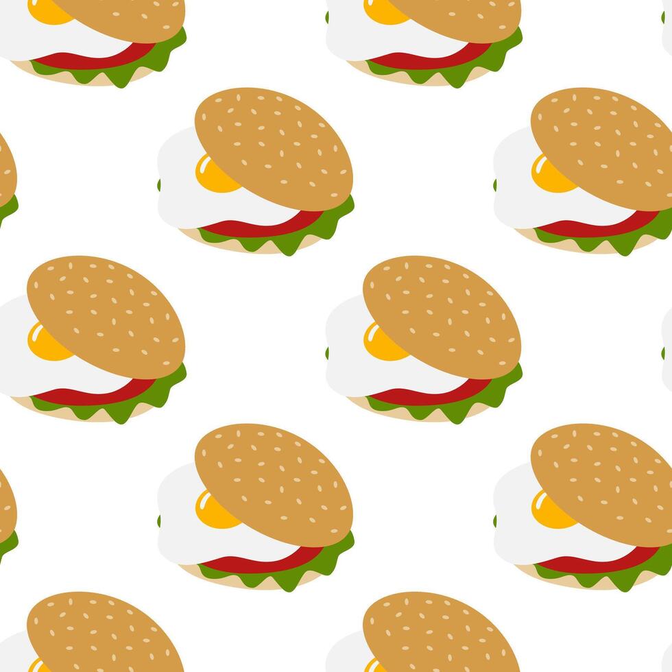 Egg Sandwich of Sesame Bun fried Egg Greens and tomato slices Seamless Pattern Fast Food Background. Isolated Illustration Perfect for greeting cards, vibrant banners or creative label, leaflet vector