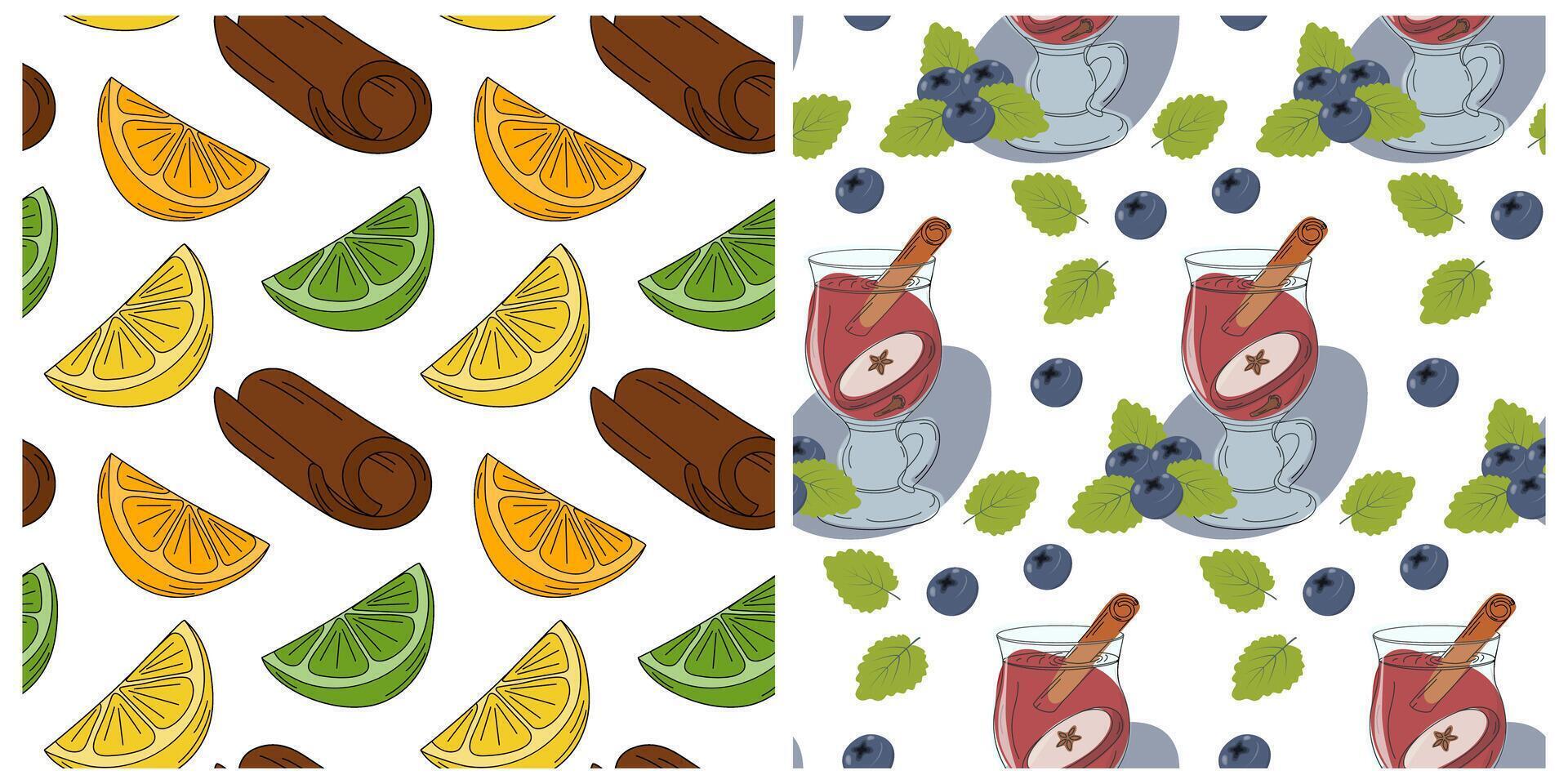 Colorful Citrus Slices and Mulled wine in glass mug with Blueberry Cinnamon stick Seamless Patterns. Set Isolated illustration Autumn Greeting Background Wrapping paper or promo banner, leaflet vector