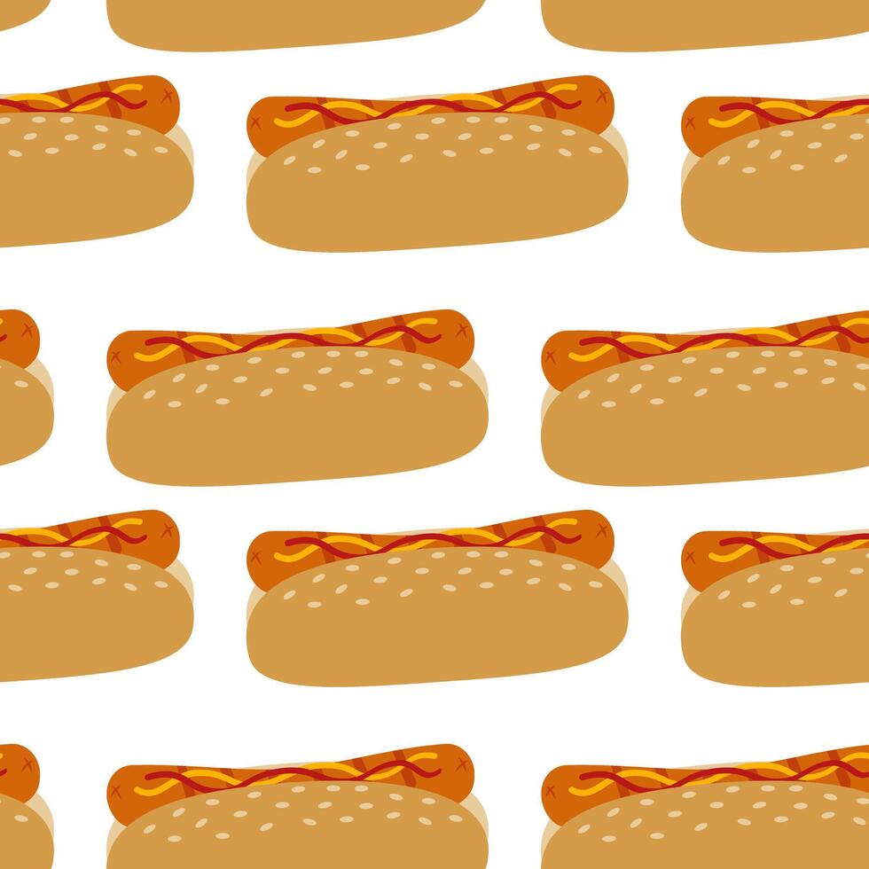 Freehand Hot Dog with mustard and ketchup Seamless Pattern Fast food or BBQ Background Texture idea. Isolated Illustration Greeting cards, promotions, especially for summer picnics, BBQ invites vector