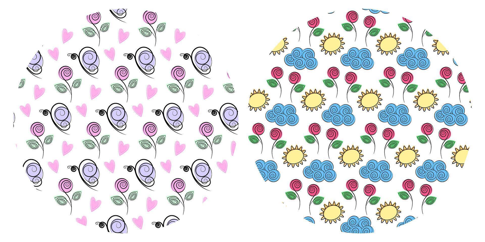 Stylized Butterflies with hearts roses Sun and Cloud Seamless Patterns on Circular Backgrounds Set. Isolated Illustration Springtime Greeting Thematic Cards, promo banners, leaflets, price tags vector