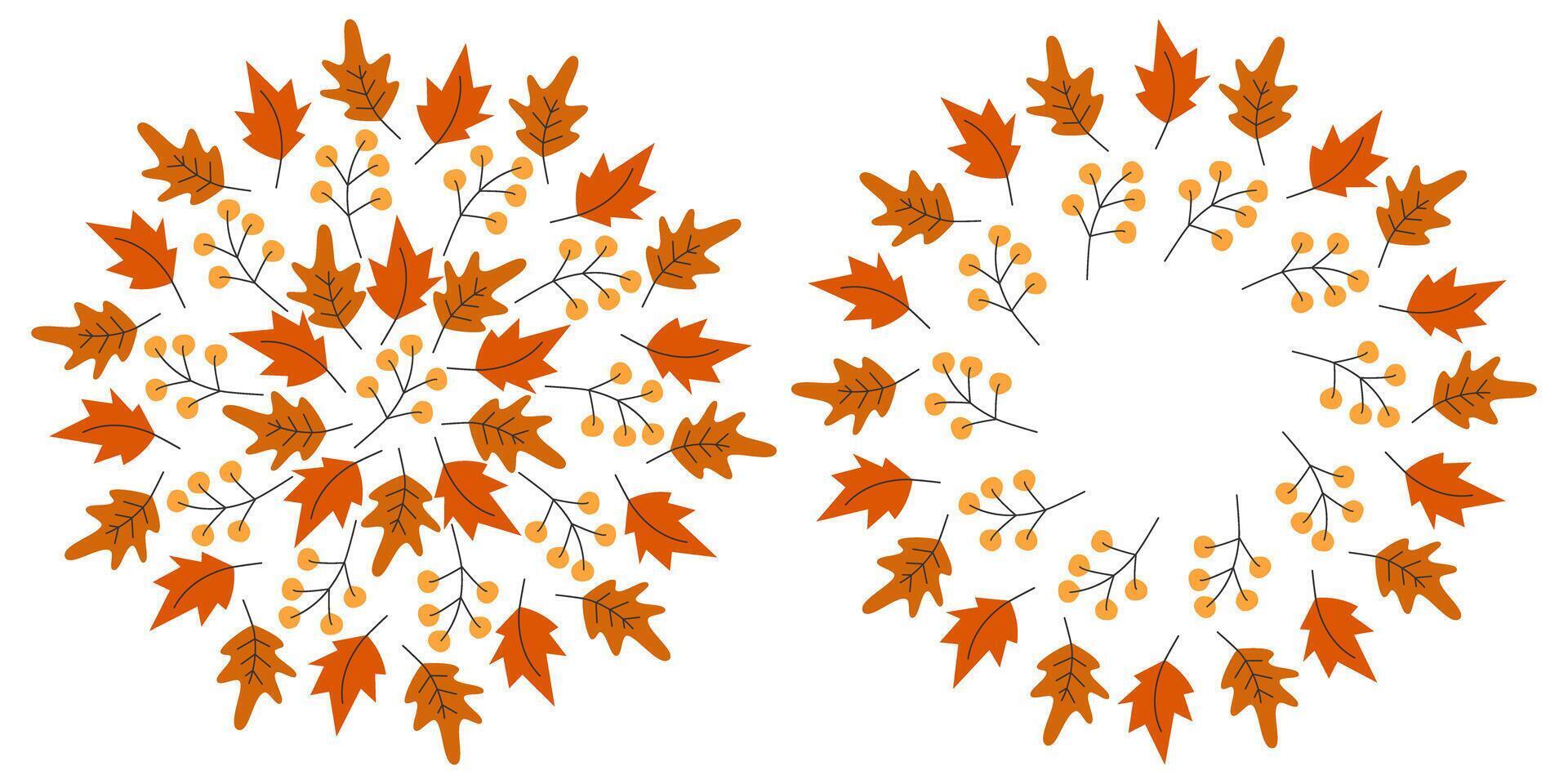 Autumn leaves and twigs circular Background and Frame Border Copy Space Template Autumn Greetings. Isolated Illustration Autumn Holidays Greeting Thematic Cards, promo posts, banners, leaflets vector
