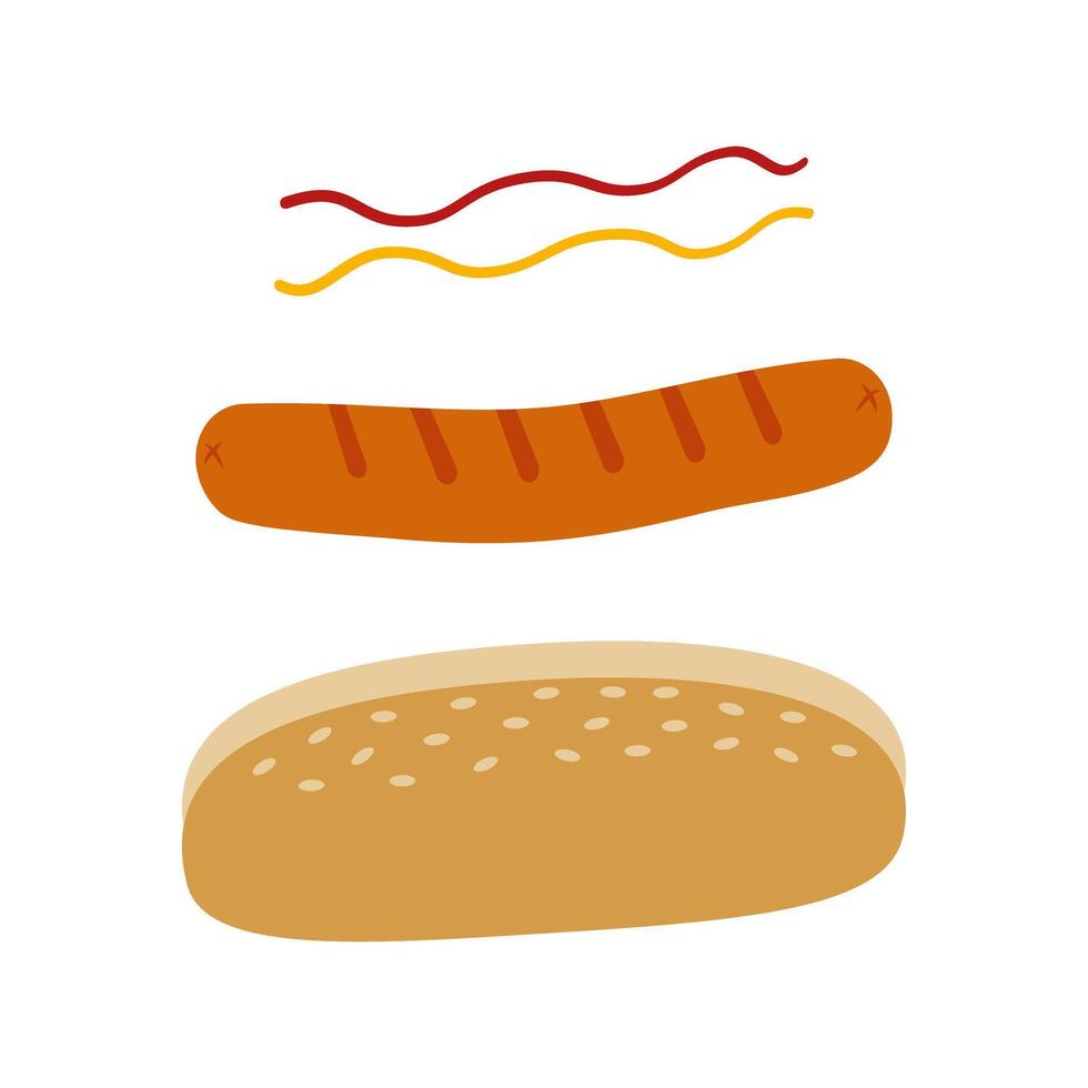 Flying Hot Dog main ingredients Sesame bun, grilled sausages, mustard and ketchup stripe. Fast food. Isolated illustration Fast Food Menu invite Cards, labels, promo leaflets, banner, price tag vector