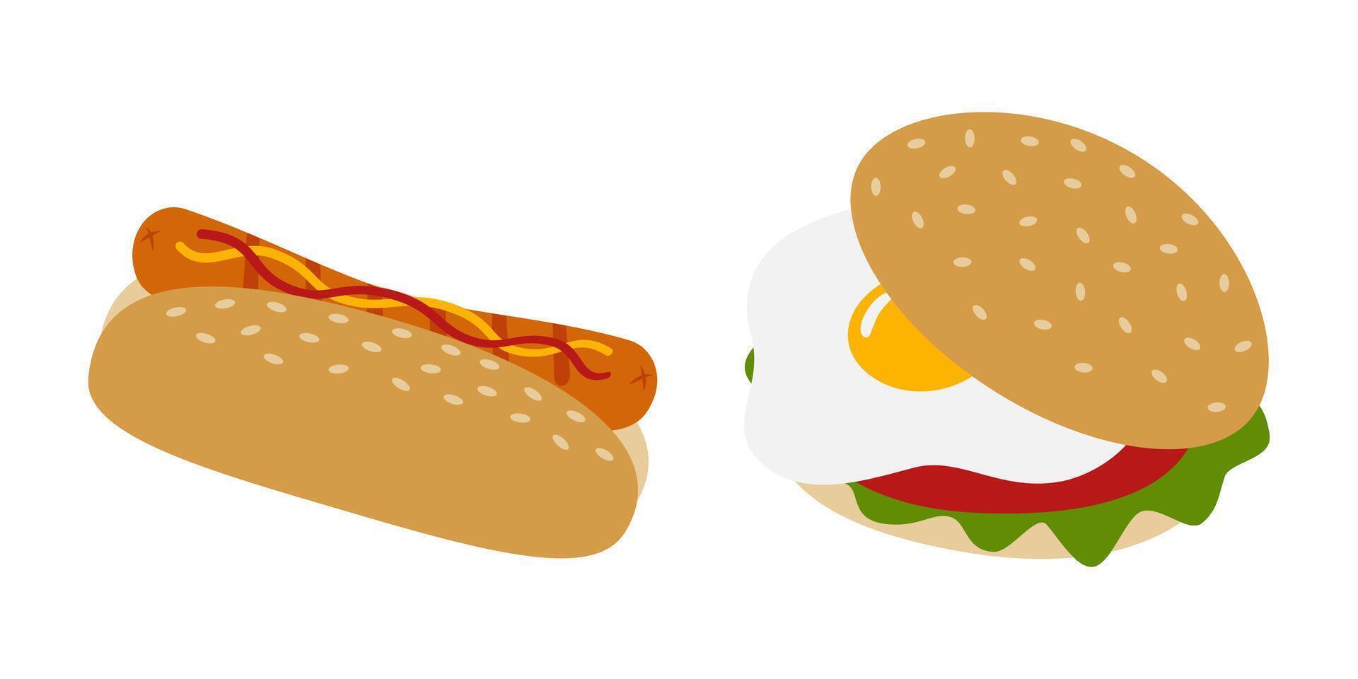 Freehand Fast Food Sandwiches Hot dog ang Egg Burger of Sesame Bun fried Egg Greens Tomato slice Set. illustration Fast Food Thematic Menu Cards or promo banner, poster, leaflets, price, labels vector